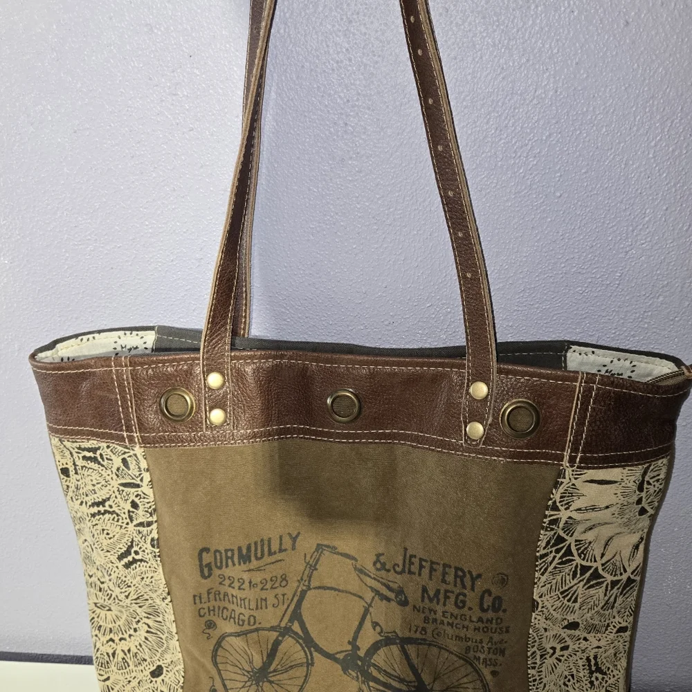 MYRA Bicycle Print Canvas/ Leather Tote Bag S-0935 18" X 13"  12"handles - Picture 15 of 15